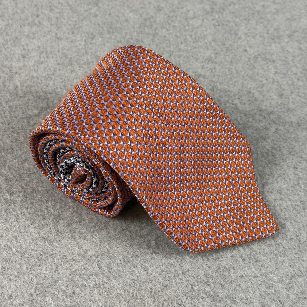 Vintage Tommy Hilfiger 100% Silk Tie Orange Blue Geometric Made USA 58x3.6"